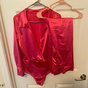 Silk deep v neck top/pants set